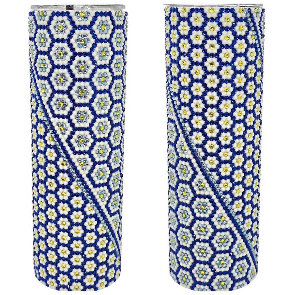 30oz Rhinestone Tumbler Blue Daisy Chain
